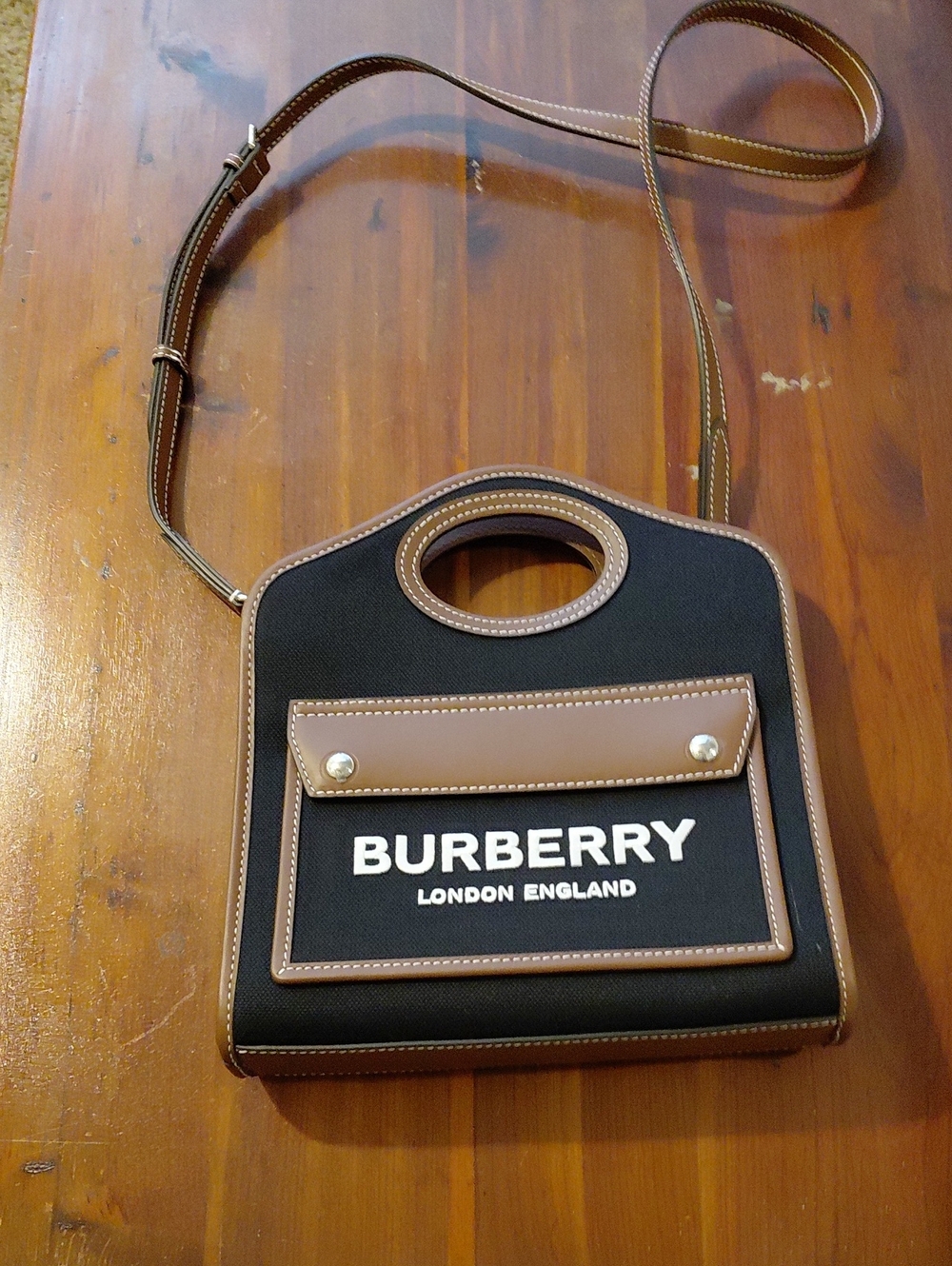 Burberry Black & Brown Canvas Top-Handle Crossbody Bag